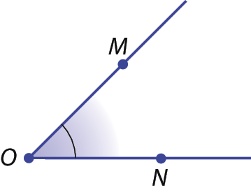 Figura geométrica. Representação de ângulo agudo MON na cor lilás.