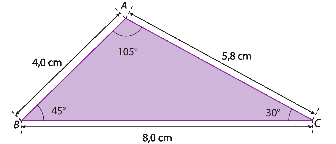 Figura geométrica. Triângulo ABC com ângulo em A medindo 105 graus, ângulo em B medindo 45 graus e ângulo em C medindo 30 graus.
A medida do comprimento dos lados do triângulo são: AB: 4 centímetros. BC: 8 centímetros e AC: 5,8 centímetros.