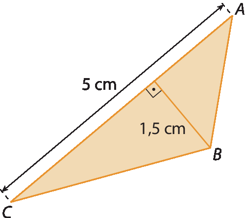 Figura geométrica. Triângulo de vértices ABC. Cota da altura do triângulo, indicando a medida 1 vírgula 5 centímetros. Cota da base do triângulo, indicando a medida 5 centímetros.