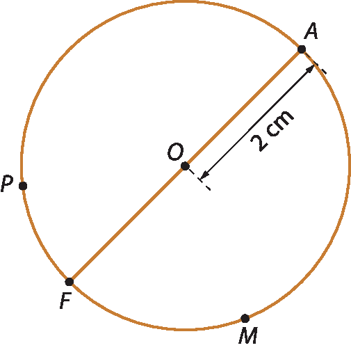 Ilustração. Circunferência de centro O, em marrom. Na circunferência, há os pontos P, F, M e A. O diâmetro traçado é FA e o raio OA mede 2 centímetros.