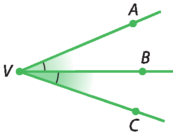 Figura geométrica. Representação dos ângulos AVB e BVC. O lado VB é comum aos dois ângulos. O lado VA de AVB está acima de VB e o lado VC de BVC está abaixo de VB.