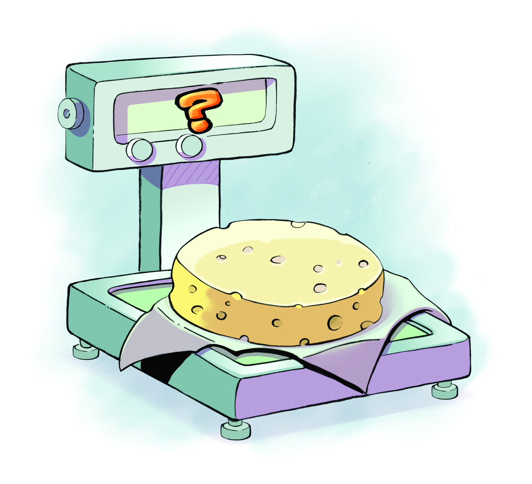 Ilustração. Balança com um queijo redondo sobre ela. No visor, há um ponto de interrogação.