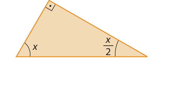 Figura geométrica. Triângulo retângulo da cor alaranjada, um dos ângulos agudos mede x e o outro ângulo agudo mede x sobre 2.