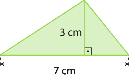 Figura geométrica. Triângulo verde, cota da altura do triângulo, indicando a medida 3 centímetros. Cota da base do triângulo, indicando a medida 7 centímetros.