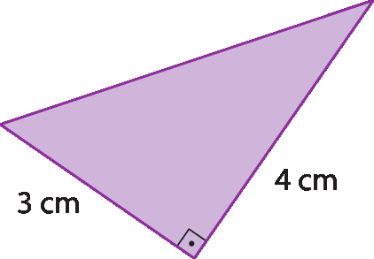 Figura geométrica. Triângulo retângulo roxo, com um dos lados indicando a medida 3 centímetros, e o lado adjacente e perpendicular a ele com medida 4 centímetros.
