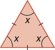 Figura geométrica. Triângulo equilátero da cor vermelha, com a indicação de que os lados são congruentes e cada um dos ângulos mede x.