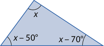 Figura geométrica. Triângulo isósceles na cor azul, os ângulos medem x, x menos 50 graus, x menos 70 graus.