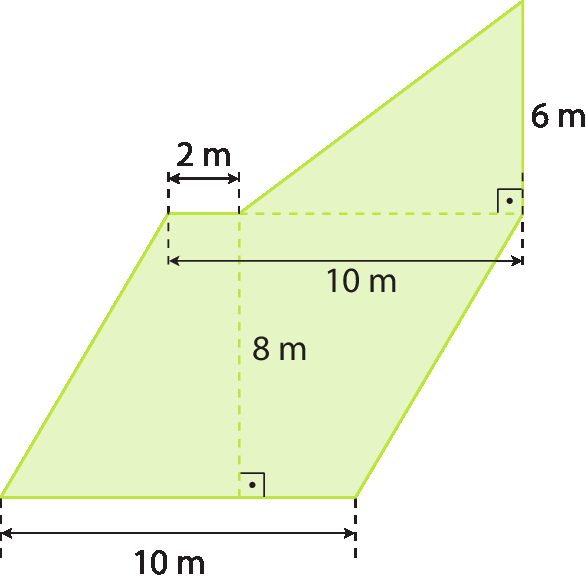 Figura geométrica. Triângulo retângulo verde, abaixo com um lado comum, um paralelogramo verde. O triângulo tem um lado na vertical de medida 6 metros, adjacente e perpendicular a ele, lado do paralelogramo de medida 10 metros. Cota indicando a distância entre o vértice do triângulo e o vértice do paralelogramo, 2 metros. Cota indicando a medida da altura do paralelogramo: 8 metros.