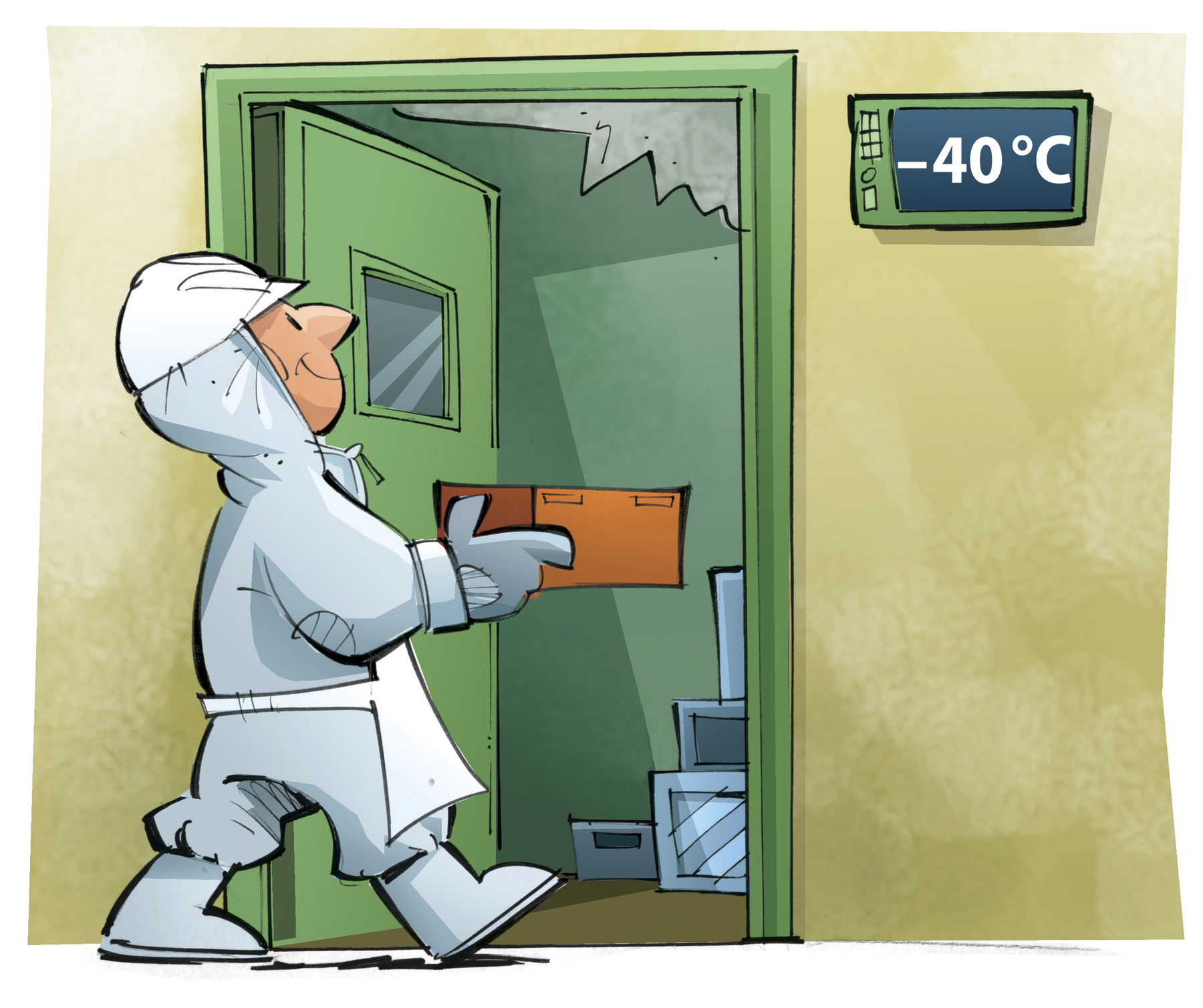 Ilustração. Um homem utilizando trajes para se proteger do frio caminhando em direção a uma câmara fria com uma caixa. Ao lado da porta da câmara fria há a indicação da temperatura: menos 40 graus Celsius.