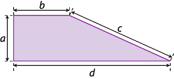 Figura geométrica. Trapézio roxo. Cota horizontal inferior indicando a medida da base maior igual a d. Cota horizontal superior indicando a medida da base menor igual a b. Cota vertical ao lado esquerdo indicando a medida do lado igual a, a. E cota inclinada ao lado direito indicando a medida do lado igual a c.