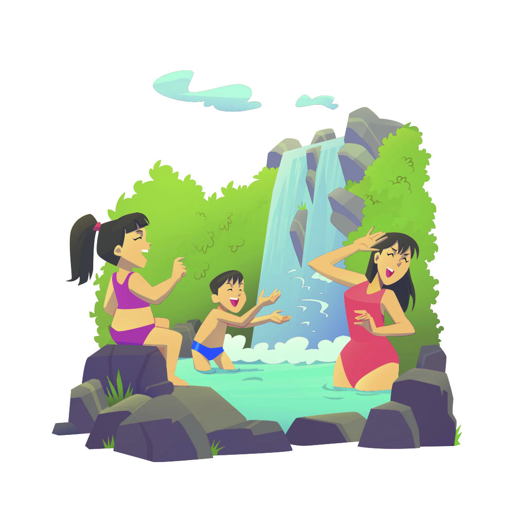 Ilustração. Cachoeira com uma mulher adulta vestindo maio vermelho, uma menina de cabelo preso sentada em uma pedra. Menino de sunga azul está brincando no poço da cachoeira.