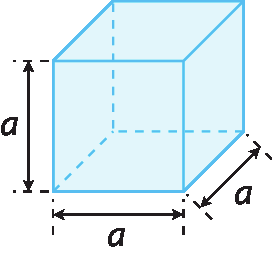 Figura geométrica. Cubo azul. Cota horizontal inferior indicando a medida da aresta igual a, a. Cota vertical ao lado esquerdo indicando a medida da aresta igual a, a. Cota longitudinal ao lado direito indicando a medida da aresta igual a, a.