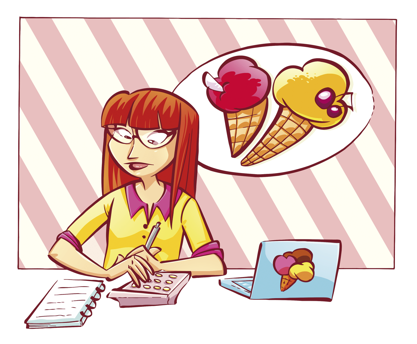 Ilustração. Uma mulher branca de cabelos ruivos, usando óculos e vestindo camisa amarela. Ela está sentada fazendo anotações em um caderno. Na mesa há um caderno, uma calculadora e um notebook. Ao fundo, há dois sorvetes de casquinha desenhados na parede.