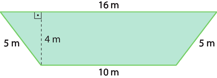 Figura geométrica. Trapézio verde. Cota da altura do trapézio, indicando a medida 4 metros. Base maior de medida 16 metros, base menor de medida 10 metros, outros lados de medida 5 metros.