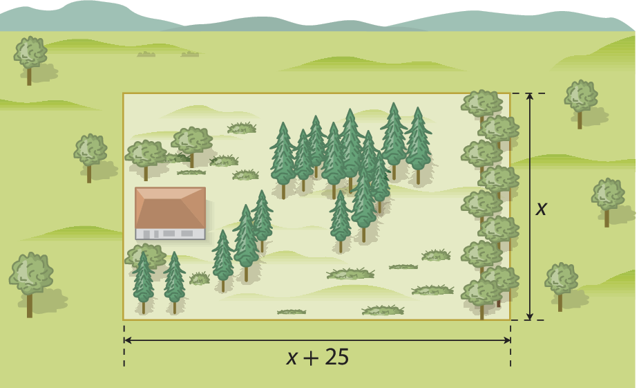 Ilustração. Terreno retangular medindo x por x mais 25. À esquerda, casa e ao redor, árvores.