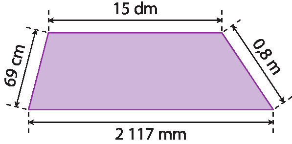 Figura geométrica. Quadrilátero com lados de comprimentos diferentes. As medidas são: 0 vírgula 8 metros, 2 mil 117 milímetros, 69 centímetros, 15 decímetros.