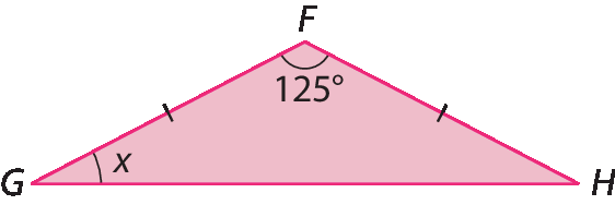 Figura geométrica. Triângulo rosa FGH. Indicação de dois lados de mesma medida FG e FH. Medida do ângulo de F é 125 graus, medida do ângulo G é x.