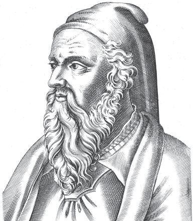 Fotografia em preto e branco. Representação de Pitágoras: busto de um homem com barba grande olhando para a esquerda. Ele está usando um gorro na cabeça.