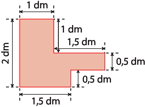 Figura geométrica. Polígono irregular com 8 lados de comprimentos diferentes. As medidas são: 1 decímetro, 1 decímetro, 1 vírgula 5 decímetro, 0 vírgula 5 decímetro, 0 vírgula 5 decímetro, 1 vírgula 5 decímetro, 2 decímetros.