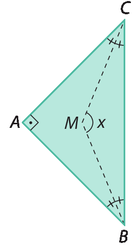 Figura geométrica. Triângulo ABC com incentro M, ângulo x definido pela bissetriz tracejada CM e bissetriz tracejada BM. Ângulo reto em A.