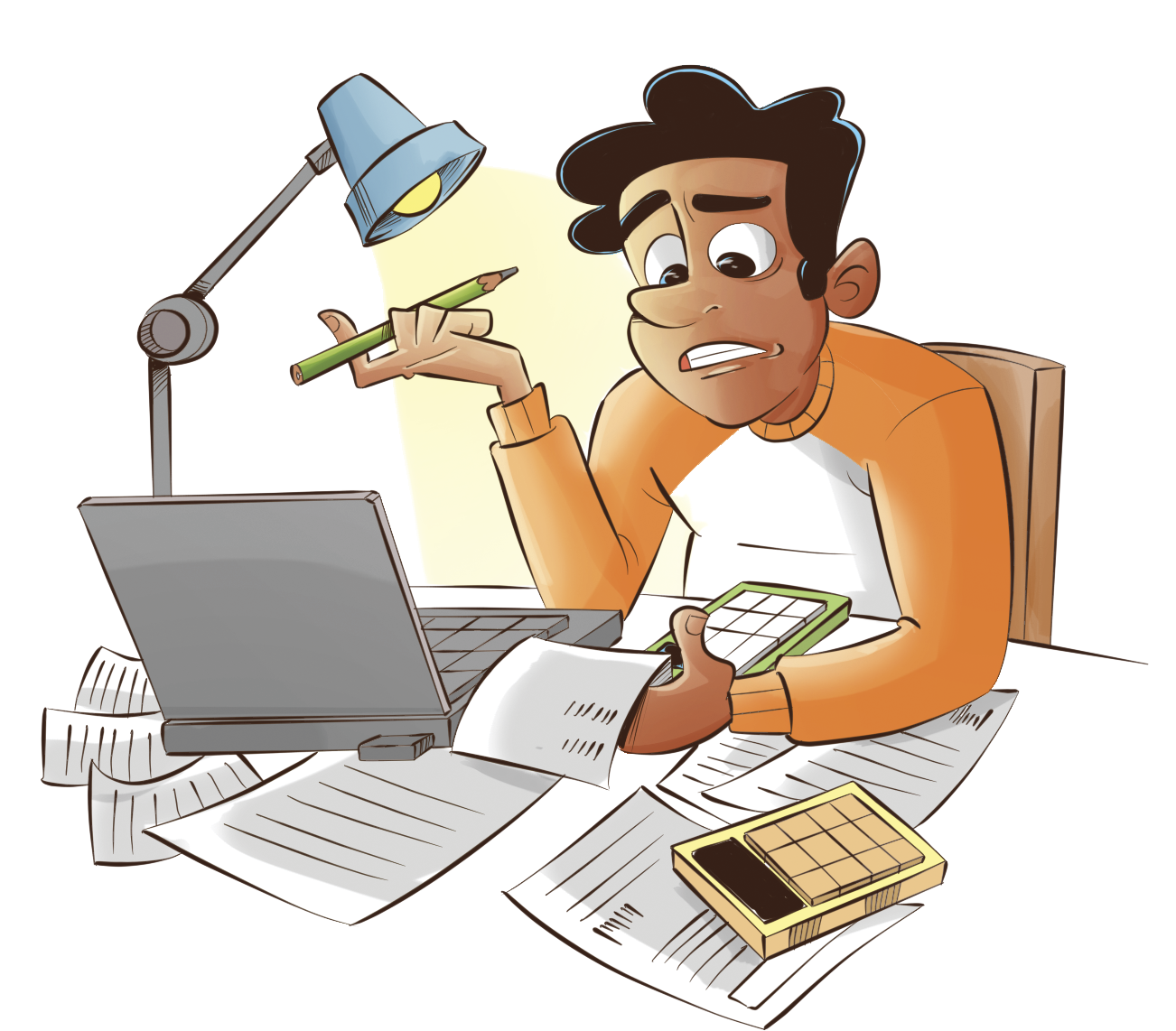 Ilustração. Homem de cabelo castanho, blusa laranja sentado de frente para uma mesa com luminária acesa, notebook, calculadora e papeis espalhados.