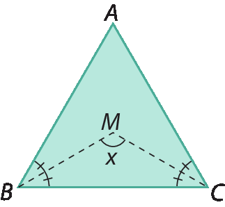 Figura geométrica. Triângulo ABC com incentro M, ângulo x definido pela bissetriz tracejada CM e bissetriz tracejada BM. Os ângulos do triângulo são agudos.