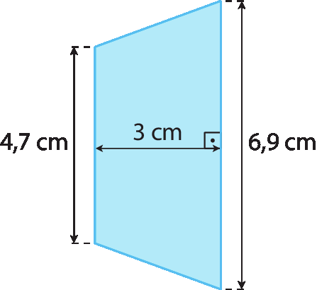 Figura geométrica. Trapézio azul. Cota da altura do trapézio, indicando a medida 3 centímetros. Base maior de medida 6 vírgula 9 centímetros, base menor de medida 4 vírgula 7 centímetros.
