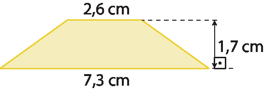Figura geométrica. Trapézio amarelo. Cota da altura do trapézio, indicando a medida 1 vírgula 7 centímetros. Base maior de medida 7 vírgula 3 centímetros, base menor de medida 2 vírgula 6 centímetros.