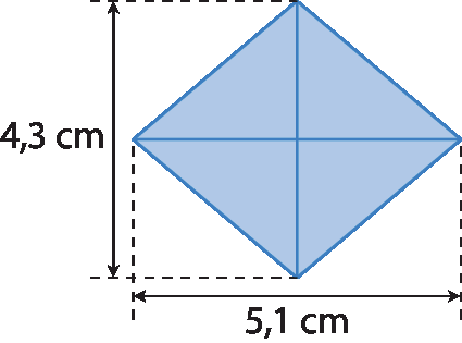 Figura geométrica. Losango azul, cotas das diagonais do losango, indicando as medidas 4 vírgula 3 centímetros e 5 vírgula 1 centímetros.