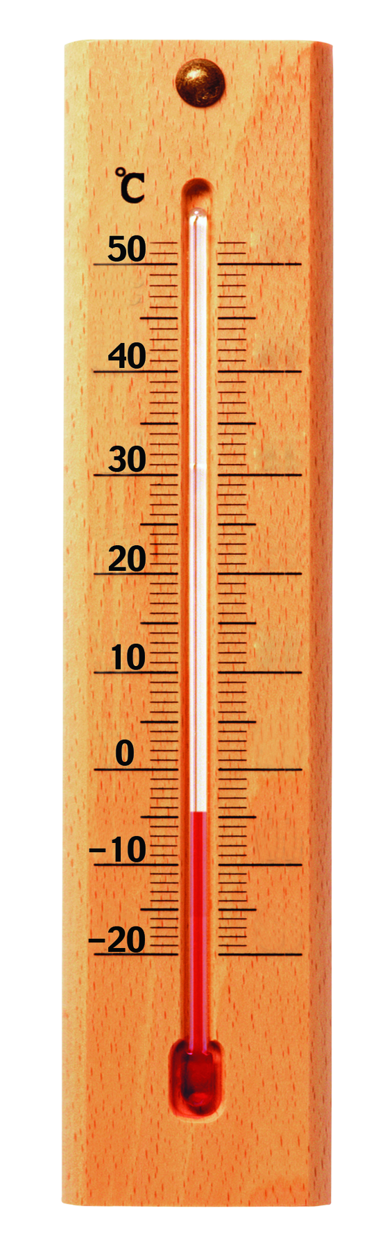 Fotografia. Termômetro na vertical sobre base de madeira, com graduações que indicam a medida da temperatura, em graus Célsius, grafadas ao lado da madeira.