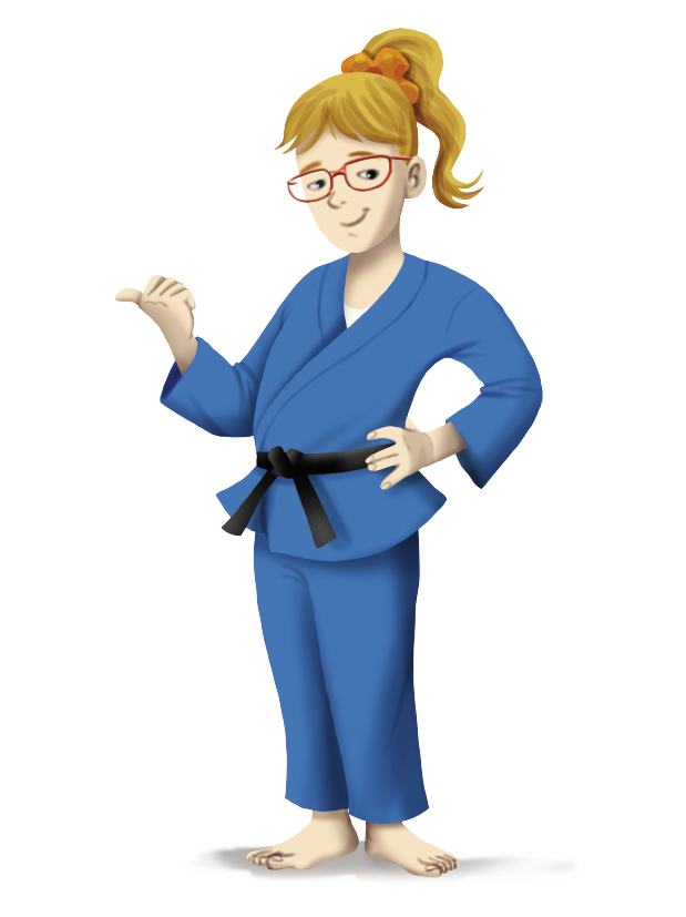 Ilustração. Mulher atleta de judô, loira de cabelo preso, usando um quimono azul, faixa preta e óculos vermelho. Está descalça e apontando para a tabela ao lado.