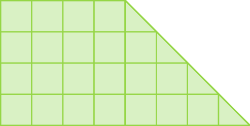 Figura geométrica. Trapézio retângulo dividido em quadrados iguais e triângulos iguais. Na primeira linha, da esquerda para a direita, 4 quadradinhos e um triângulo retângulo. Na segunda linha, da esquerda para a direita, 5 quadradinhos e um triângulo retângulo. Na terceira linha, da esquerda para a direita, 6 quadradinhos e um triângulo retângulo. Na quarta linha, da esquerda para a direita, 7 quadradinhos e um triângulo retângulo.