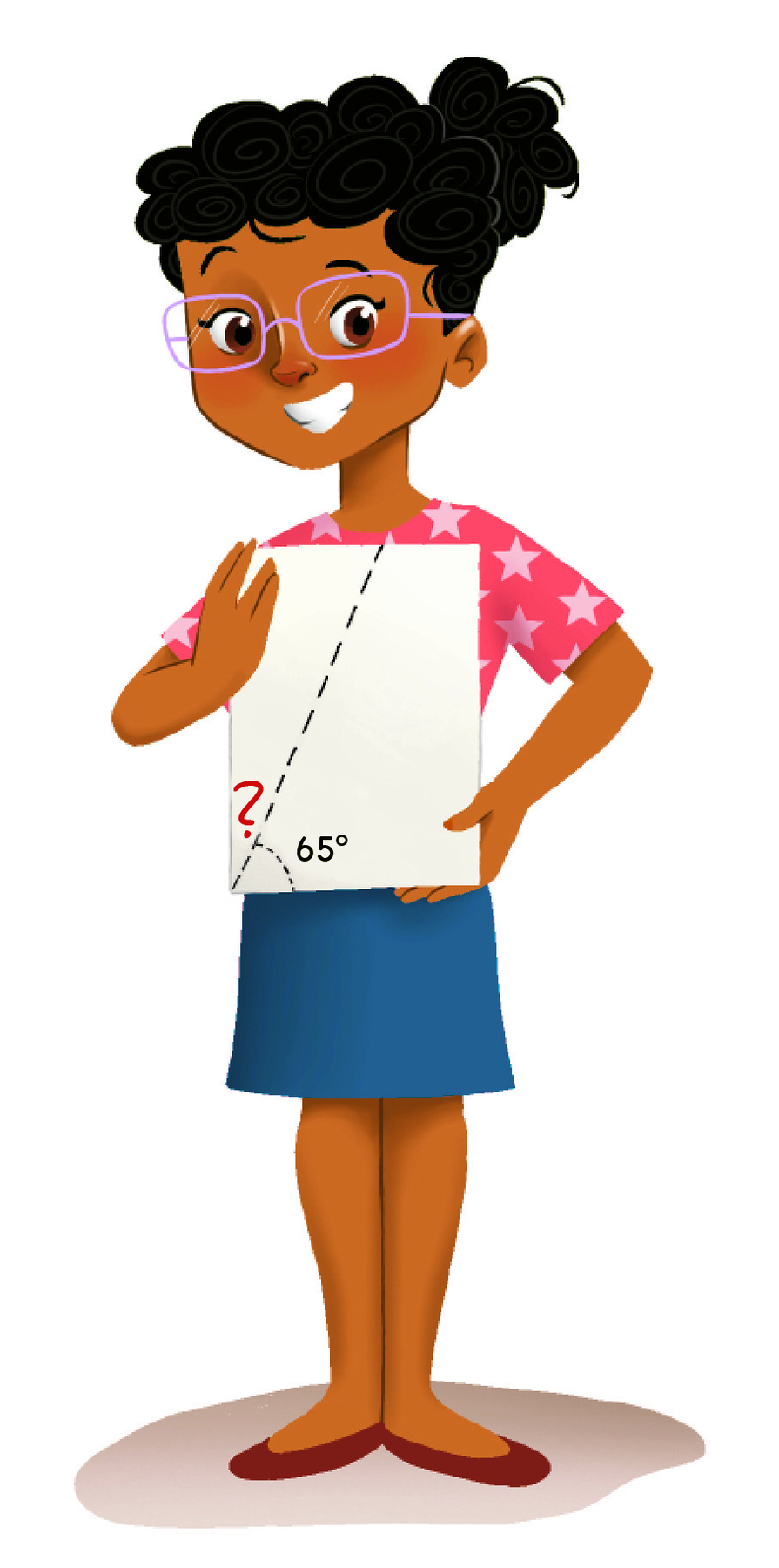 Ilustração. Mulher negra com cabelos pretos, usando óculos, camiseta rosa com estrelas brancas, saia azul e sapatos vermelhos. Ela segura um cartaz retangular branco com uma linha tracejada que divide um canto do retângulo em dois ângulos. Um deles está marcado com sessenta e cinco graus. O outro, adjacente ao primeiro, está marcado com uma interrogação.