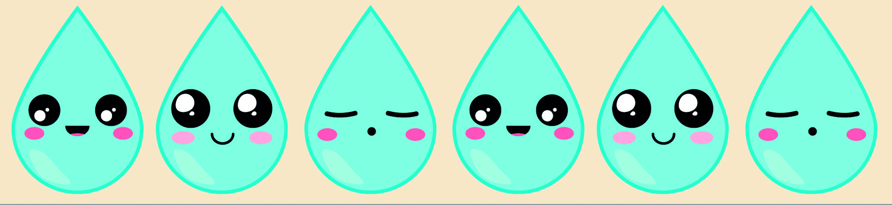 Ilustração. Faixa amarela com sequência de gotas de água com rosto: rosto de olhos abertos e boca reta, olhos abertos e boca sorrindo, olhos fechados, rosto de olhos abertos e boca reta, rosto de olhos abertos e boca sorrindo, olhos fechados.