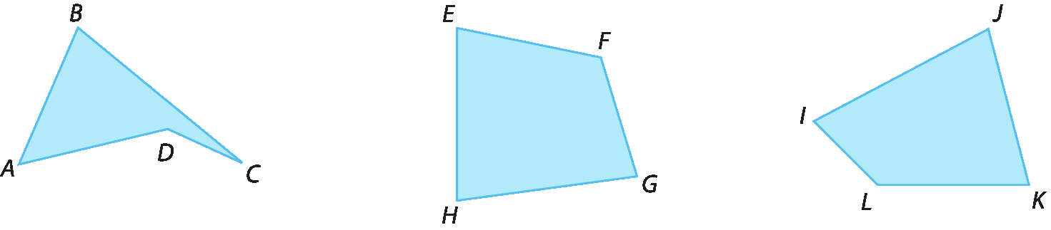 Figura geométrica. Quadrilátero convexo azul ABCD de lados de diferentes medidas. Figura geométrica. Quadrilátero EFGH de lados não paralelos e de diferentes medidas. Figura geométrica. Quadrilátero JKLM de lados não paralelos e de diferentes medidas.