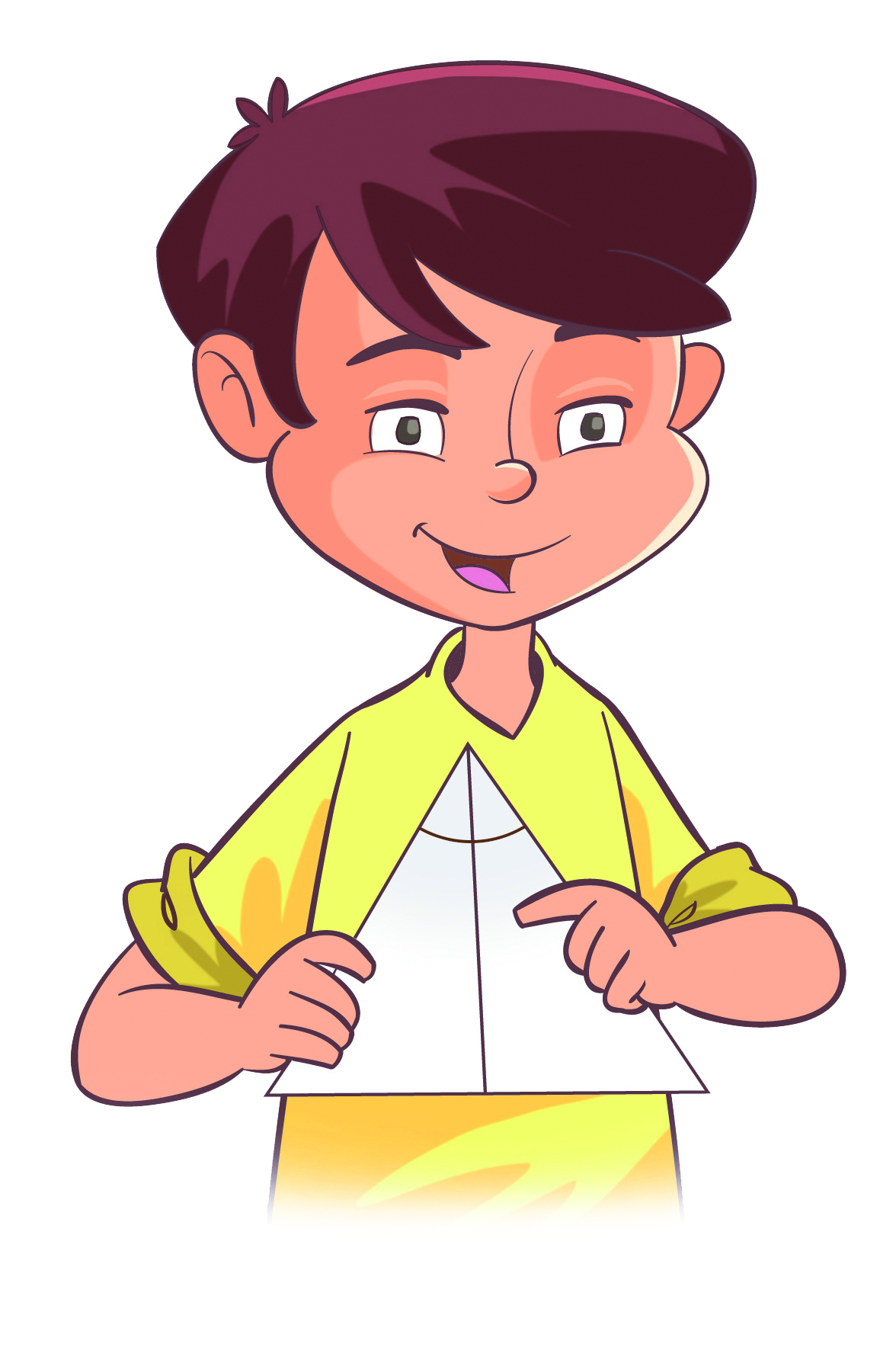 Ilustração. Busto de um menino branco com cabelos castanhos, vestindo blusa amarela. Ele está segurando uma folha que foi dobrada e mostrando a marca da dobra que ficou no meio do ângulo, dividindo-o em dois ângulos de mesma medida.
