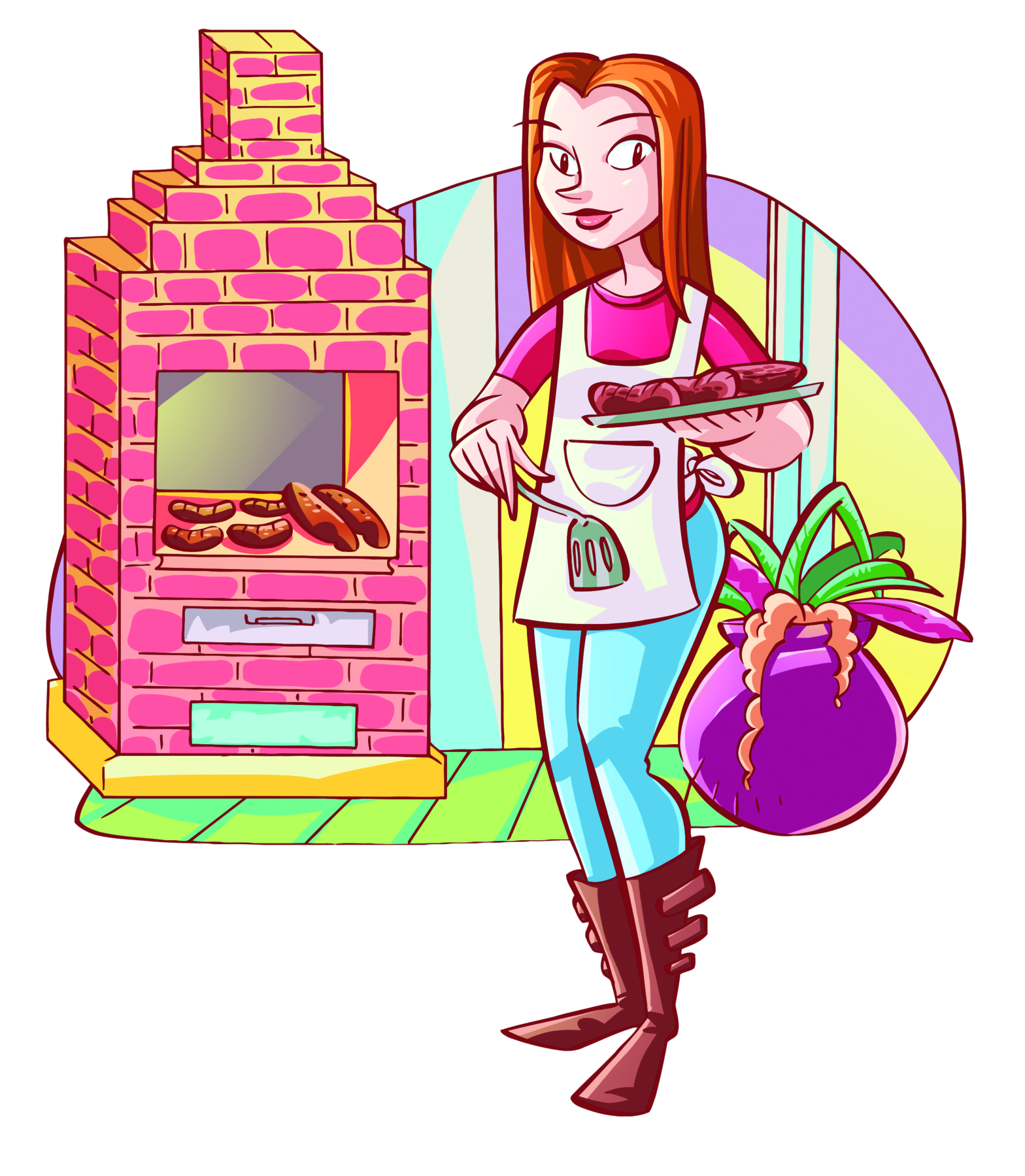 Ilustração. Mulher de cabelo loiro, blusa vermelha, calça azul, avental e botas. Ela segura uma bandeja com alimentos. Ao fundo, churrasqueira.