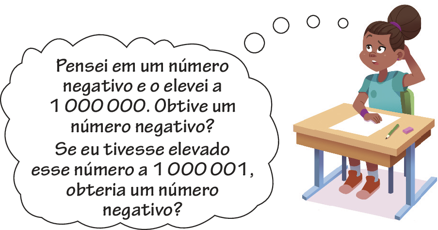 Ilustração. Uma menina negra de cabelos pretos com laço, sentada em uma cadeira  com uma mesa à frente. Na mesa há papel, lápis e borracha. A menina está com expressão de dúvida e uma mão na cabeça, dizendo: Pensei em um número negativo e o elevei a um milhão. Obtive um número negativo? Se eu tivesse elevado esse número a um milhão e um, obteria um número negativo?