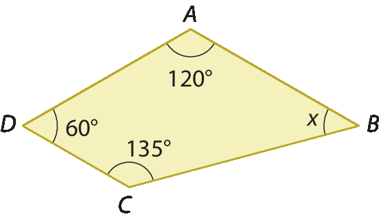 Figura geométrica. Quadrilátero ABCD. Em A, ângulo de 120 graus, em B ângulo x, em C ângulo de 135 graus e em D ângulo de 60 graus.