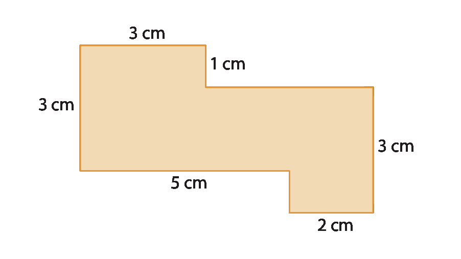 Figura geométrica. Octógono formado por: segmento na horizontal com medida 3 centímetros; para baixo, segmento na vertical com medida 1 centímetro; para direita, segmento na horizontal sem medida indicada; para baixo, segmento na vertical com medida de 3 centímetros; para esquerda, segmento na horizontal com medida 2 centímetros; para cima, segmento na vertical sem medida indicada; para esquerda, segmento na horizontal com medida de 5 centímetros; para cima, segmento na vertical com medida de 3 centímetros.