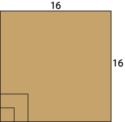 Ilustração. Quadrado marrom de lado 16. No canto inferior esquerdo há dois quadrados menores de modo que dois lados estão contidos nos dois lados do quadrado maior.