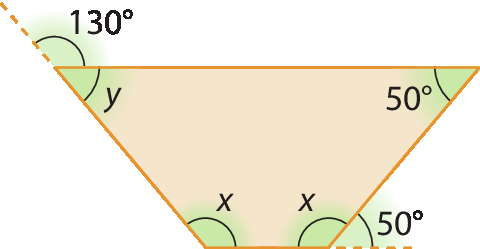 Ilustração: Trapézio. Destaque para os ângulos internos com as medidas x, x, 50 graus e y; ângulos externos 50 graus e 130 graus que são adjacente a x e y, respectivamente.