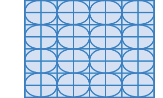 Ilustração. Figura composta por 4 linhas e 4 colunas de ladrilhos na cor azul. Cada ladrilho tem uma forma oval com duas retas perpendiculares.