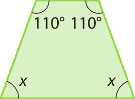Figura geométrica. Trapézio isósceles verde com dois ângulos medindo 110 graus cada e dois ângulos medindo x.