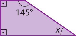 Figura geométrica. Trapézio roxo com dois ângulos retos, um ângulo medindo 145 graus e o outro ângulo medindo x.