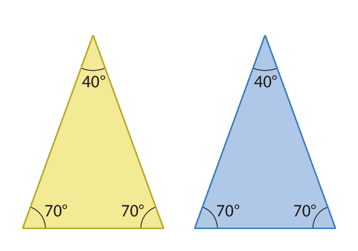 Figura geométrica. Triângulo isósceles amarelo com um ângulo medindo 40 graus, e os ângulos da base medindo 70 graus e 70 graus. Figura geométrica. Triângulo isósceles azul com ângulo de 40 graus, e ângulos da base medindo 70 graus e 70 graus.