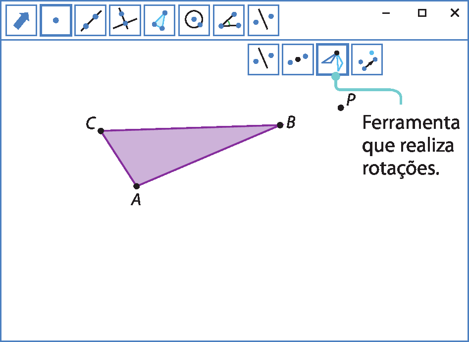 Ilustração. Software de geometria. Na parte superior, botões de comandos. Botão indicado: ponto conectando dois triângulos por um vértice. Ferramenta que realiza rotações. À esquerda, triângulo roxo ABC. À direita do triângulo, ponto P.