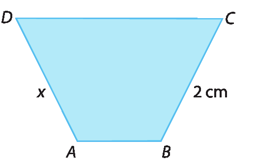 Figura geométrica. Trapézio isósceles ABCD azul. Lado AD mede x. Lado BC mede 2 centímetros.