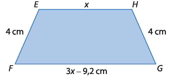 Figura geométrica. Trapézio isósceles EFGH azul. Lado EF mede 4 centímetros. base menor EH mede x. Lado HG mede 4 centímetros. base maior FG mede 3x menos 9 vírgula 2 centímetros.