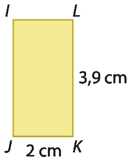 Figura geométrica. Retângulo IJKL amarelo. Lado KL mede 3 vírgula 9 centímetros. Lado JK mede 2 centímetros.